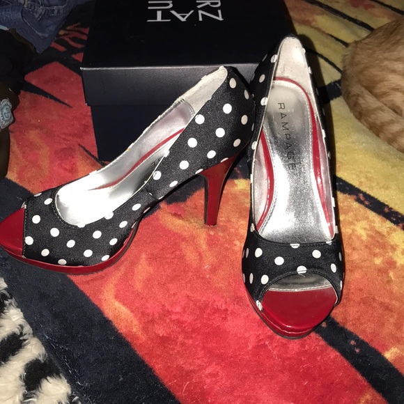 black and white polka dot shoes with red heels
